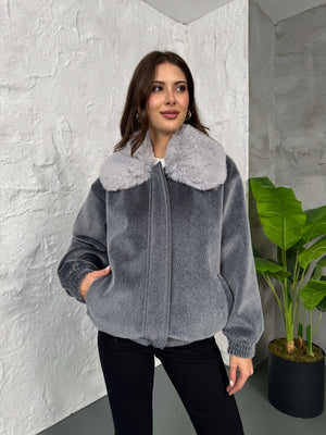 Premium Gri İthal Kumaş Kürk Mont 70099-Gri