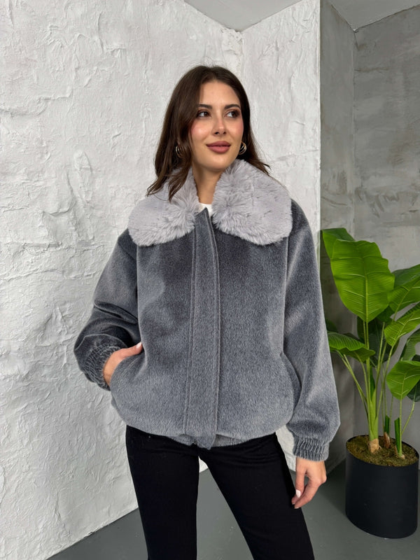 Premium Gri İthal Kumaş Kürk Mont 70099-Gri