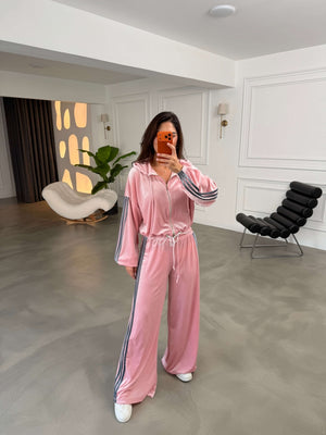 Pembe Biyeli Kadife Takım 004236-Pembe