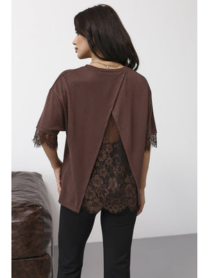 Kahverengi Sırtı Dantelli Tshirt 1073-Kahverengi