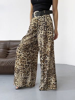 Leopar Gold Kemerli Saten Pantolon 1725-Leopar