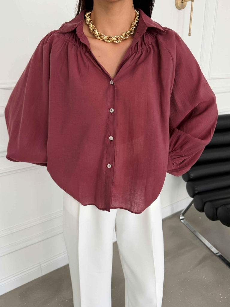 Bordo Yakası Lastikli Tencel Gömlek 5018-Bordo