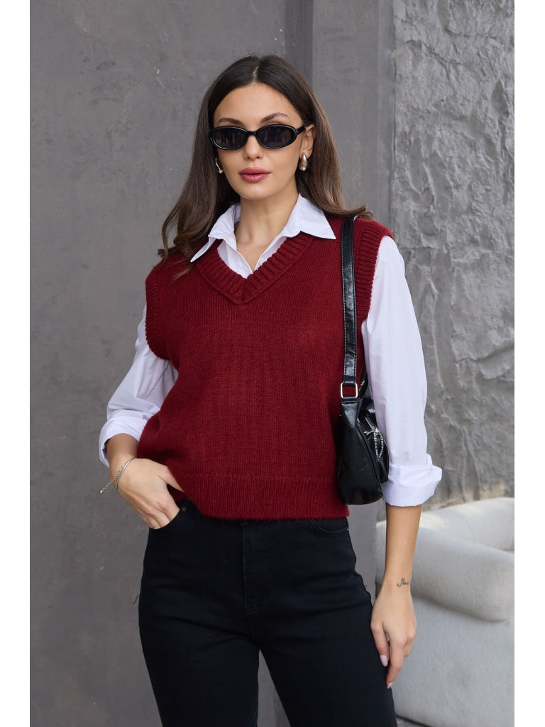 Bordo V Yaka Süveter
