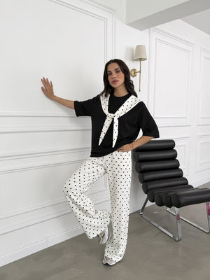 Ekru Puantiyeli Fularlı Modal Takım 4130-Siyah