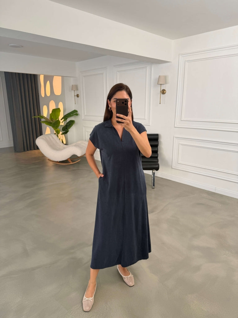 Lacivert Polo Yaka Biyeli Modal Elbise 2393-Lacivert