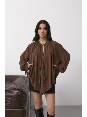 Kahverengi Yakası Fularlı Salaş Gömlek 4988-Kahverengi