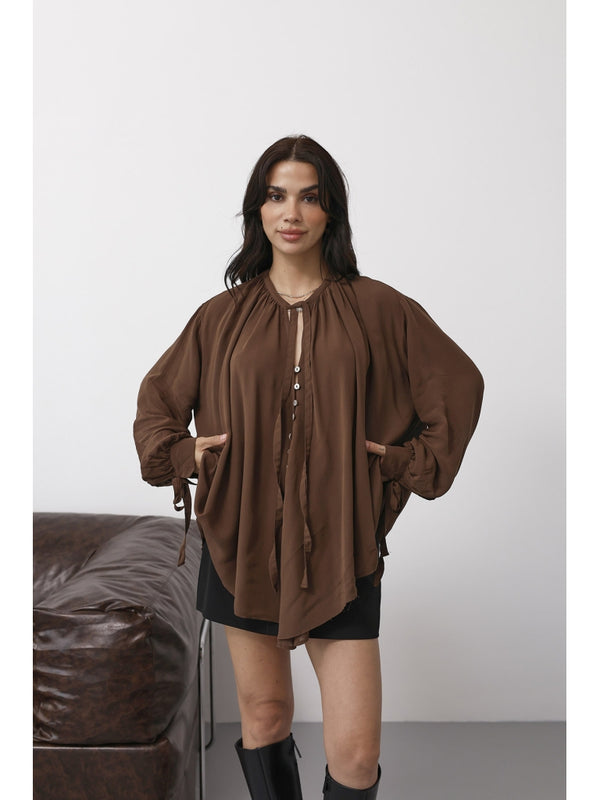 Kahverengi Yakası Fularlı Salaş Gömlek 4988-Kahverengi
