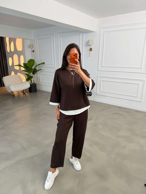 Kahverengi Eteği Garnili Sweat Takım 11950-Kahverengi