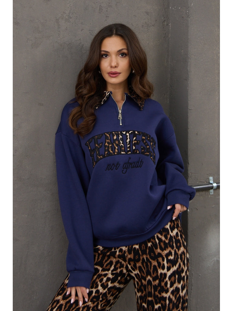 Lacivert Leopar Nakışlı Polo Yaka Sweat