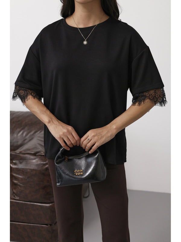 Siyah Sırtı Dantelli Tshirt 1073-Siyah