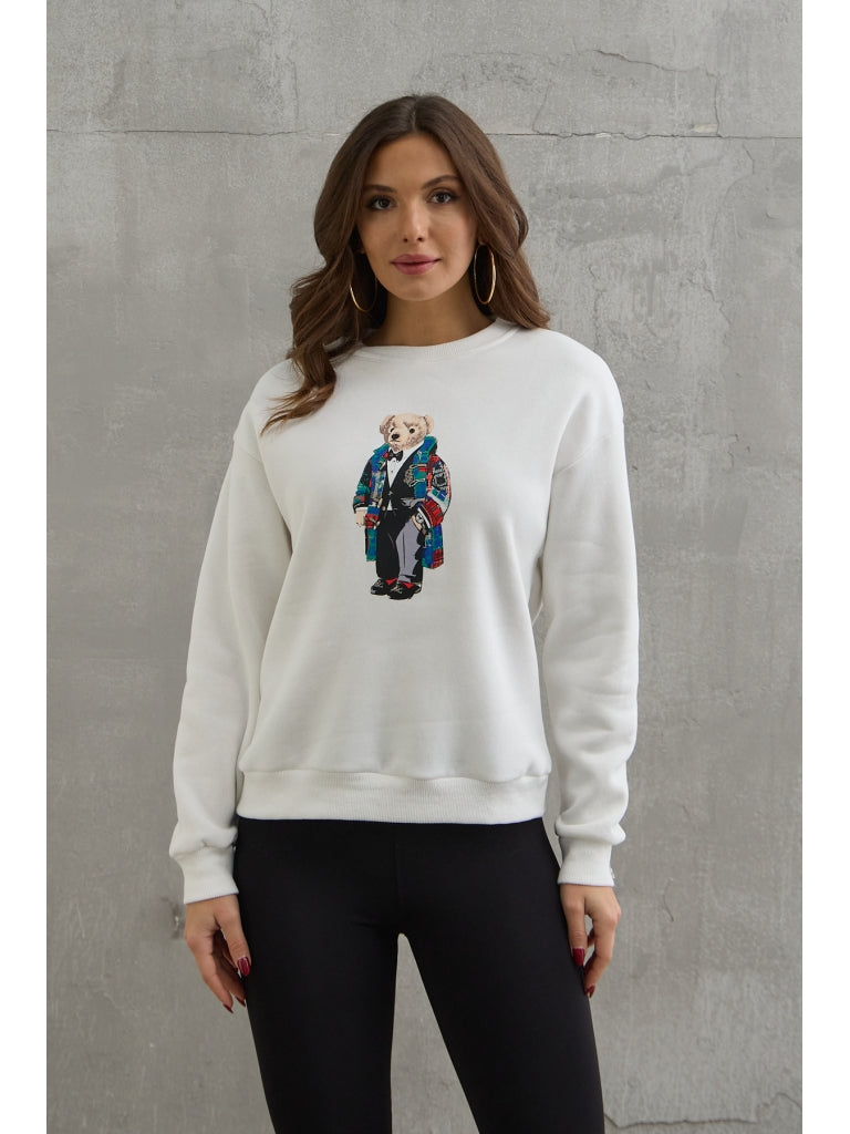 Beyaz Teddy Baskılı Şardonlu Sweat
