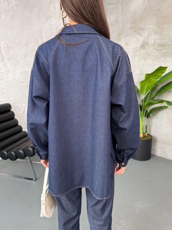 Mavi Dikiş Detaylı İnce Denim Gömlek