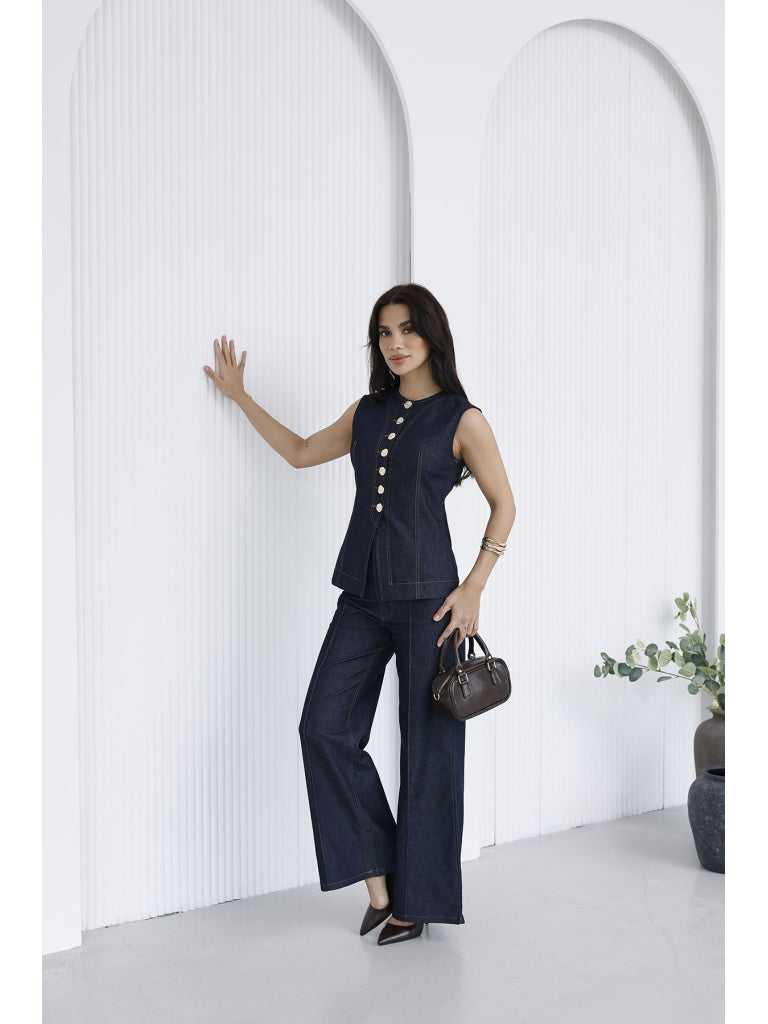 Mavi Gold Düğmeli İnce Denim Takım 18053-Mavi