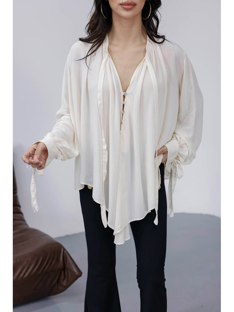 Ekru Yakası Fularlı Salaş Gömlek 4988-EKRU