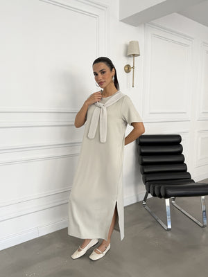 Taş Fular Detaylı Modal Elbise 1877-Taş