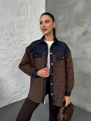 Kahverengi Denim Garnili Buklet Ceket 240269-Kahve