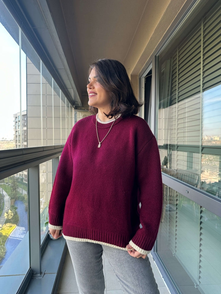 Bordo Çizgi Detaylı Oversize Kazak