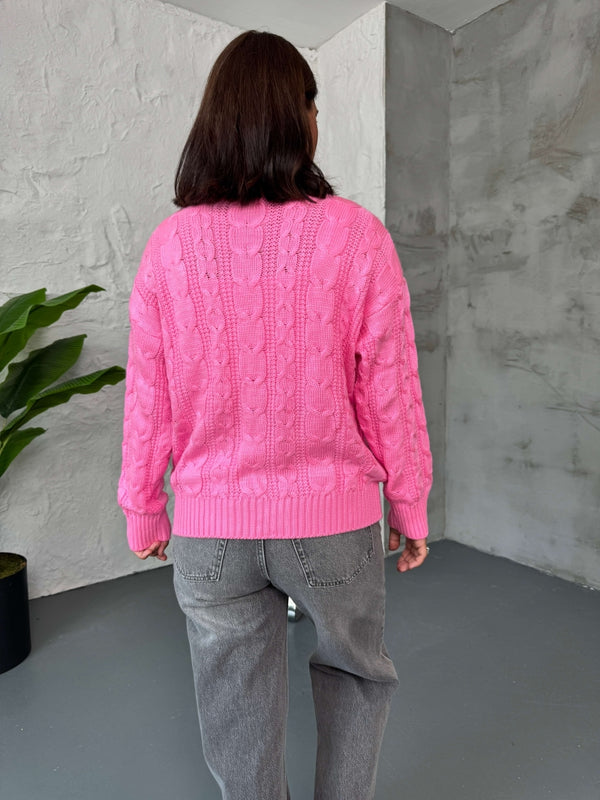 Pembe Saç Örgülü Cepli Hırka