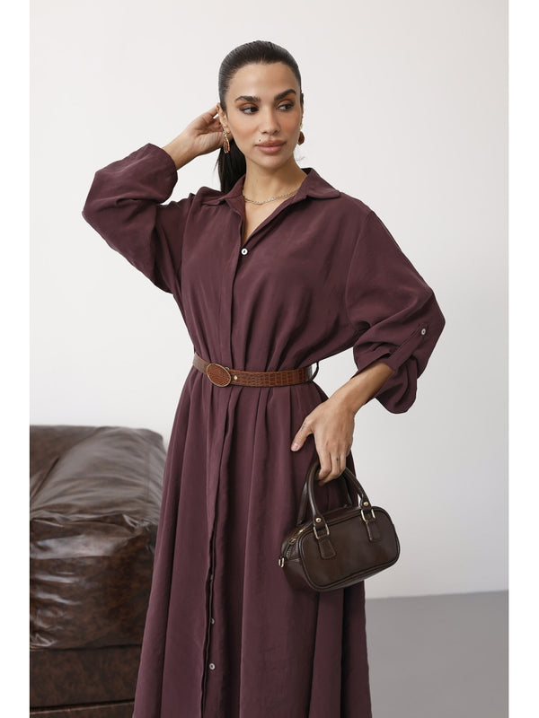 Mürdüm Tensel Kemerli Gömlek Elbise EYY3270-Mürdüm