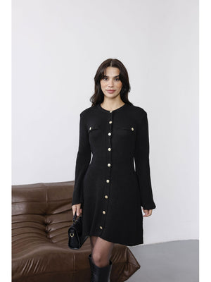 Siyah Uzun Kol Gold Düğmeli Triko Elbise 0159-Siyah