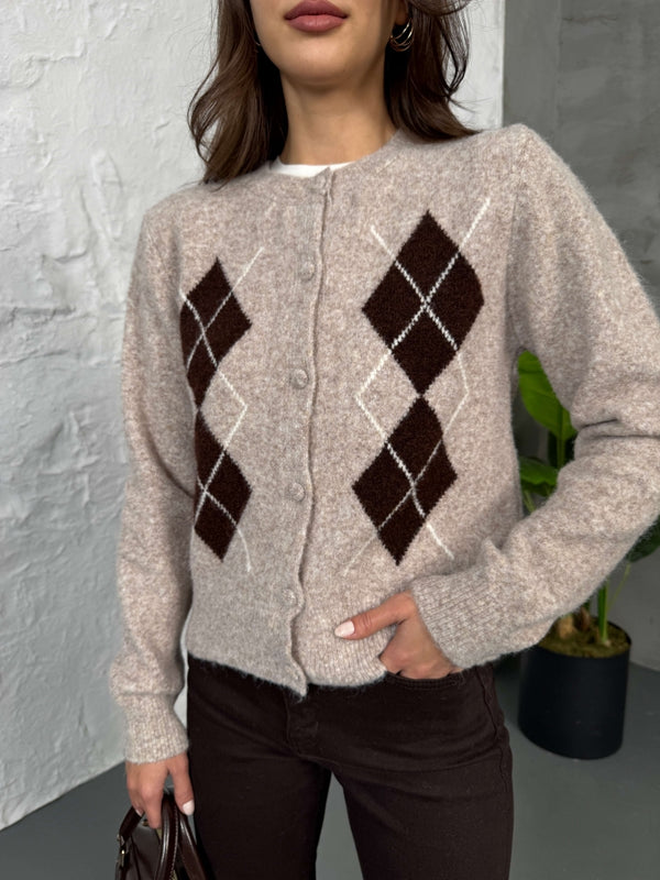 Vizon Baklava Desen Triko Hırka 2539-Vizon