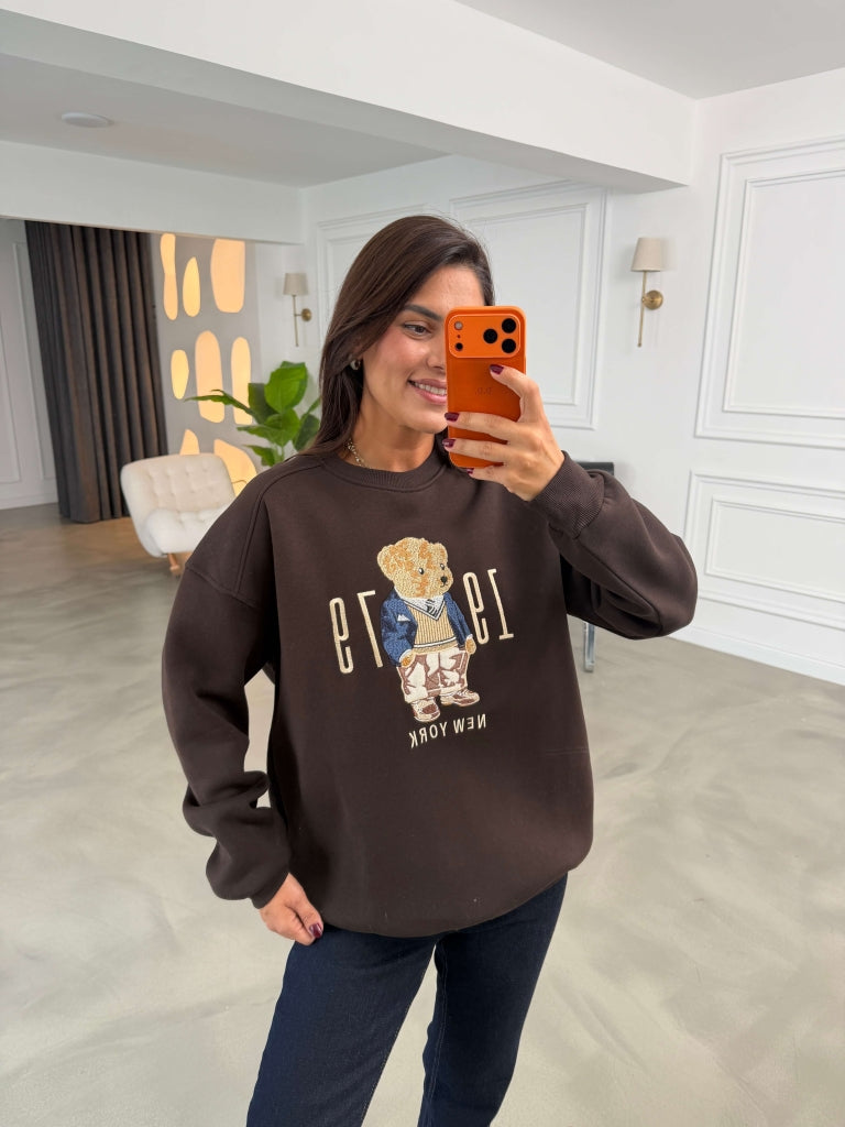 Kahverengi Teddy Nakışlı Sweat 10417-Kahverengi