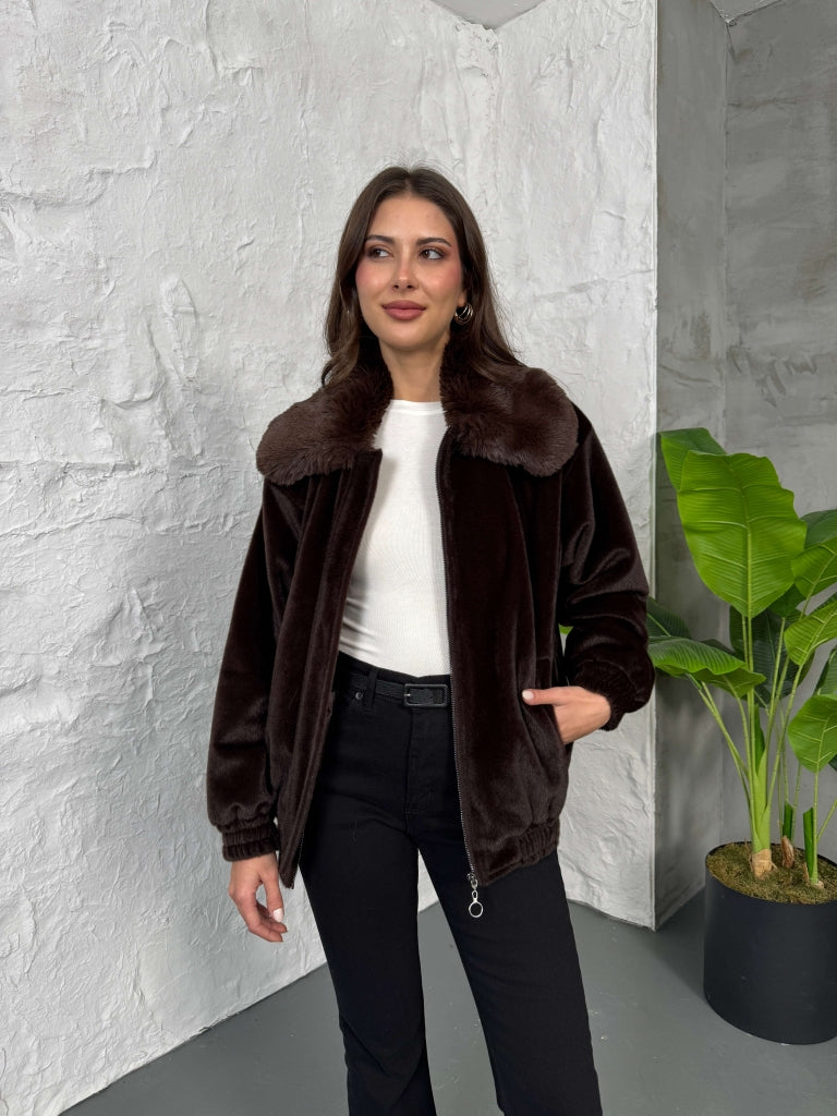 Premium Acı Kahve İİthal Kumaş Kürk Mont 70099-Acı Kahve