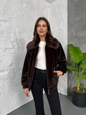 Premium Acı Kahve İİthal Kumaş Kürk Mont 70099-Acı Kahve