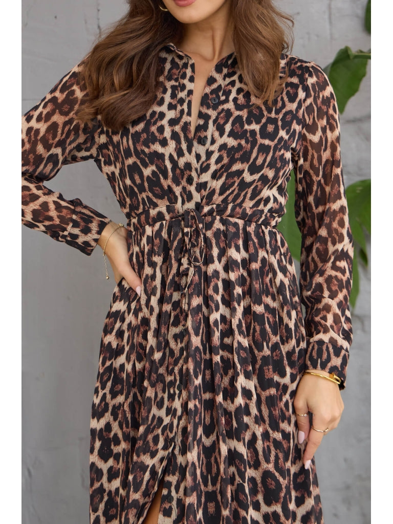 Leopar Desen Şifon Gömlek Elbise