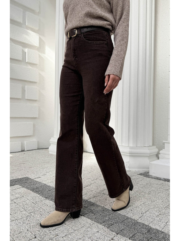 Kahverengi Yüksek Bel Straight Paça Kemerli Jean 700-Kahverengi