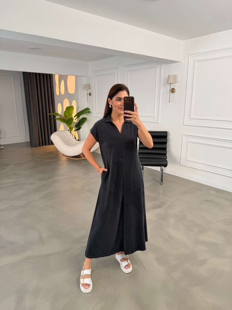 Siyah Polo Yaka Biyeli Modal Elbise 2393-siyah