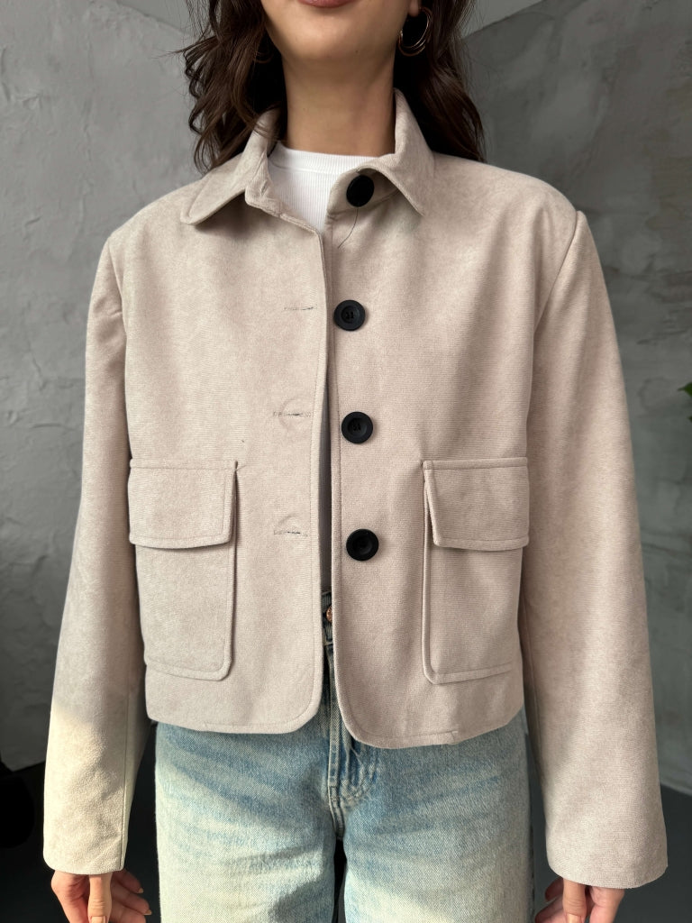 Taş Cepli Süet Kısa Ceket 9486-Taş
