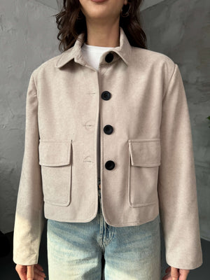 Taş Cepli Süet Kısa Ceket 9486-Taş
