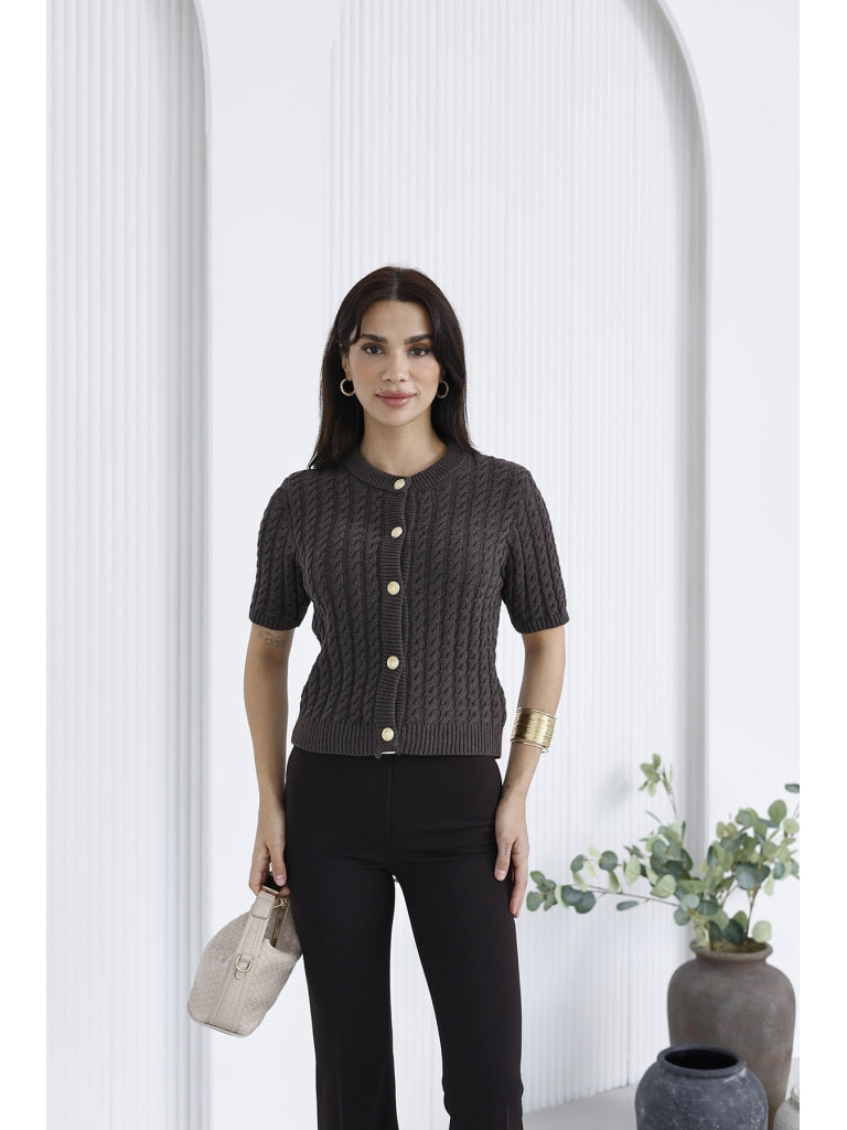 Kahverengi Saç Örgülü Kısa Kollu Hırka 2590-Kahverengi