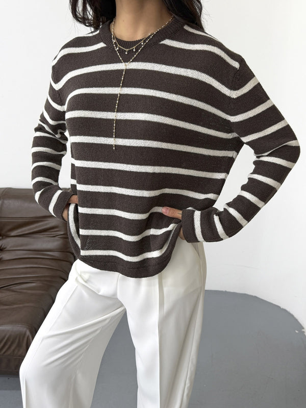 Kahve Ekru Çizgili Triko Kazak 261032-Kahve