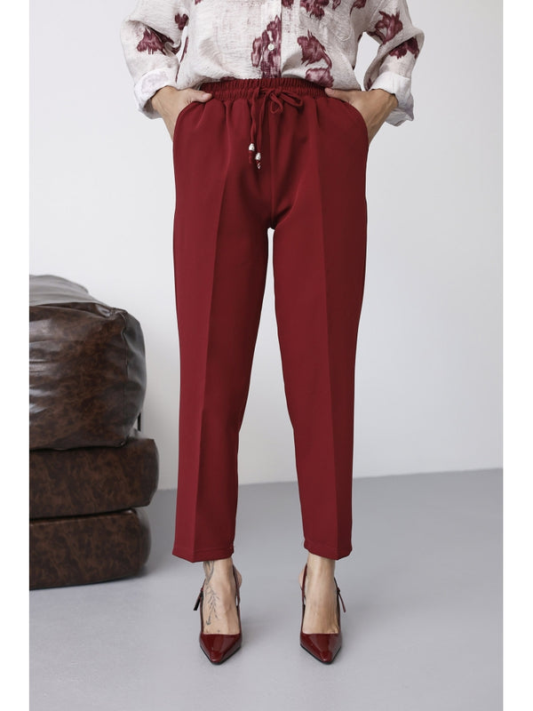 Bordo Bel Lastikli Havuç Pantolon 80178-Bordo