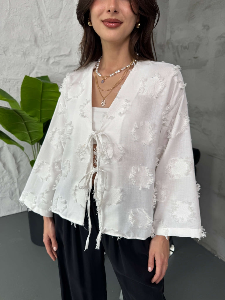 Beyaz Püsküllü Kimono