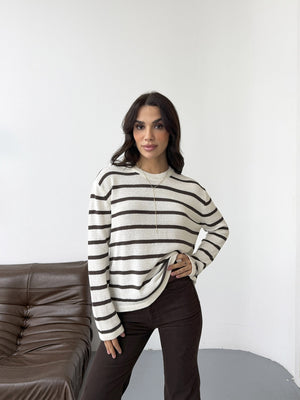 Ekru Kahve Çizgili Triko Kazak 261032-Ekru