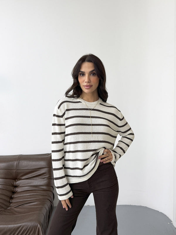 Ekru Kahve Çizgili Triko Kazak 261032-Ekru