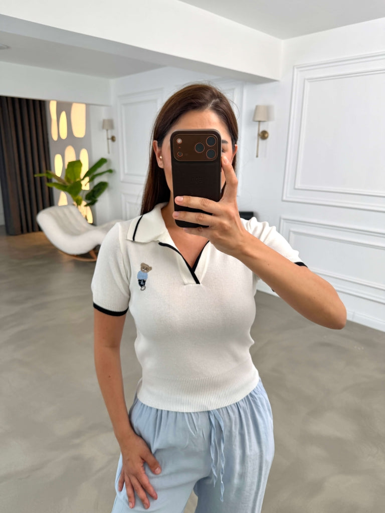 Ekru Polo Yaka Teddy Nakışlı İnce Triko Bluz 2791-Ekru