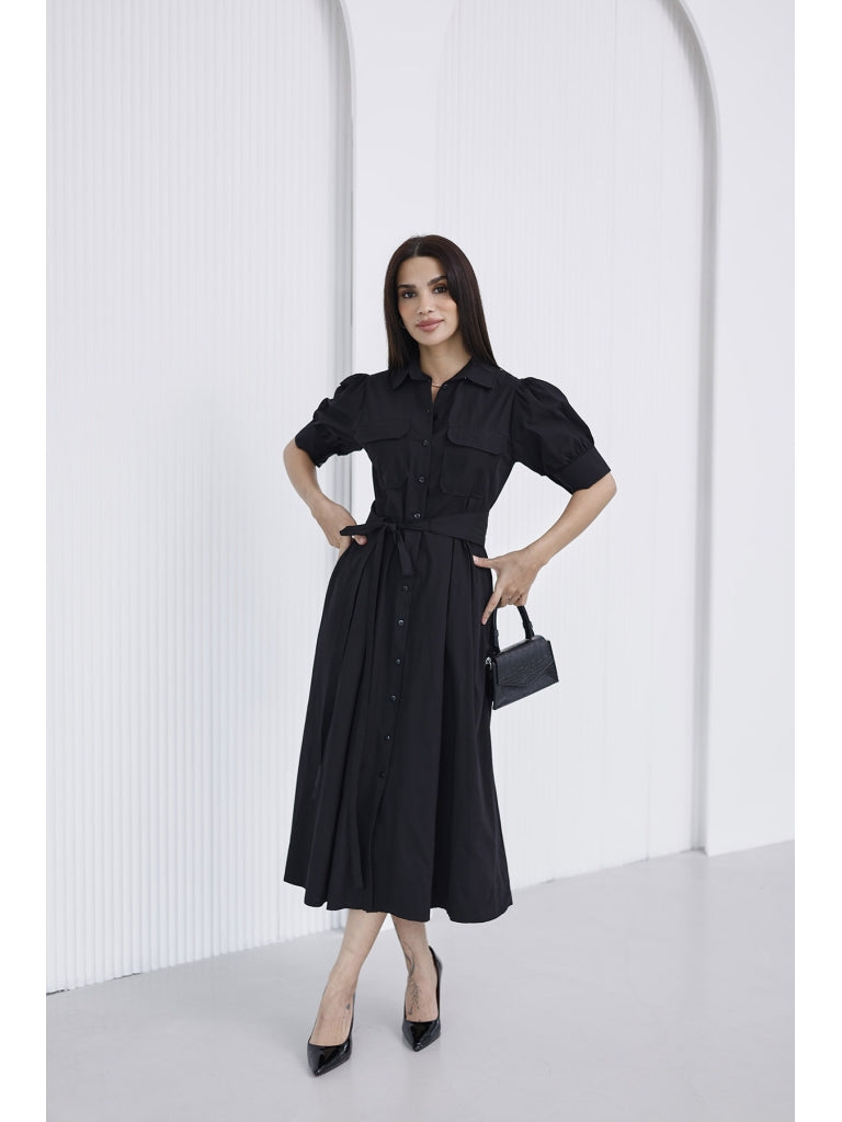 Siyah Balon Kol Gömlek Elbise EY-0045-SİYAH
