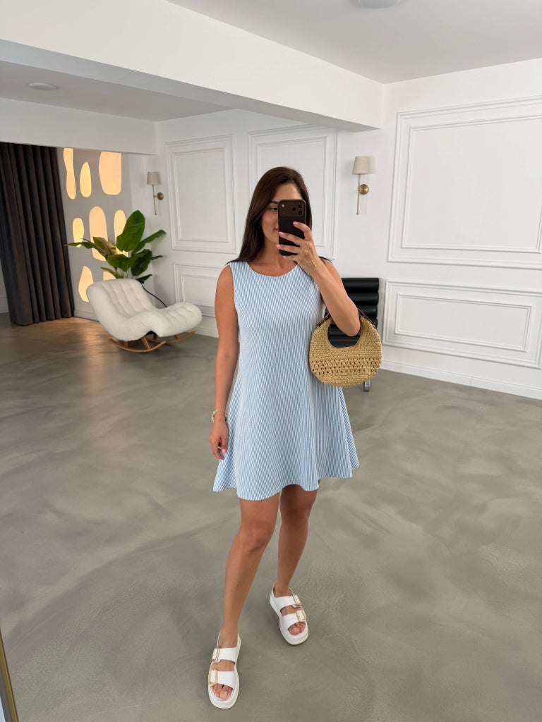 Mavi Çizgili Sıfır Kol Elbise 80148-Mavi