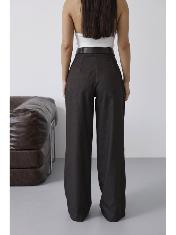Kahverengi Belden Pileli Kemerli İnce Denim Pantolon 58479-Kahverengi