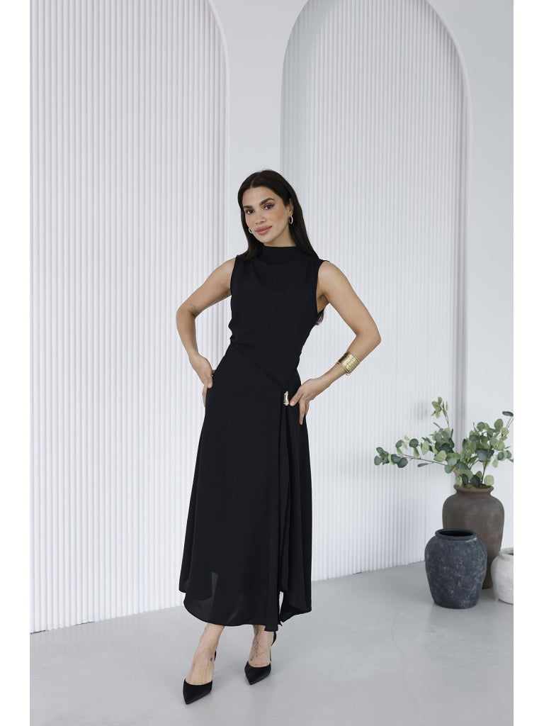 Siyah Toka Detaylı Yırtmaçlı Elbise 0805-SİYAH