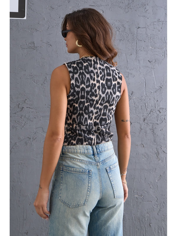 Gri Premium Leopar Kaşe Yelek