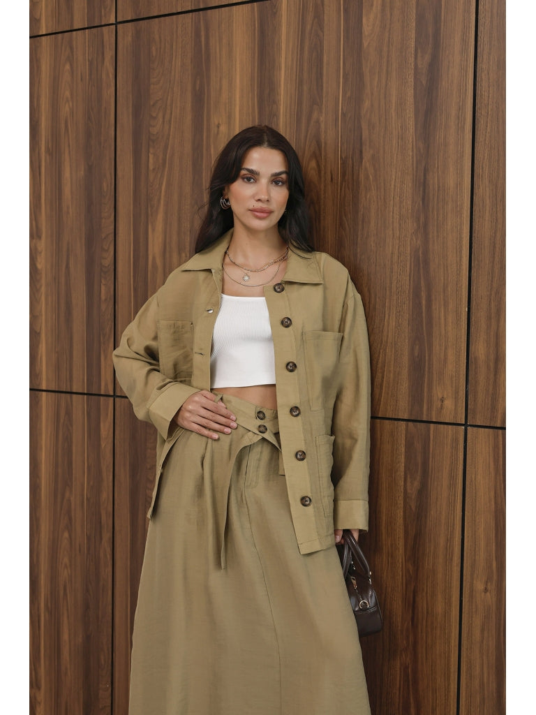 Olive Dört Cepli Etekli Tencel Takım 8130-Olive