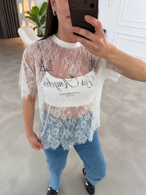 Ekru Baskılı Dantel Tshirt 1098-Ekru