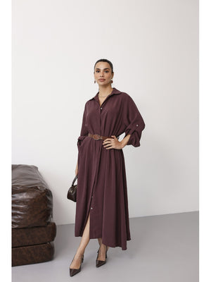 Mürdüm Tensel Kemerli Gömlek Elbise EYY3270-Mürdüm