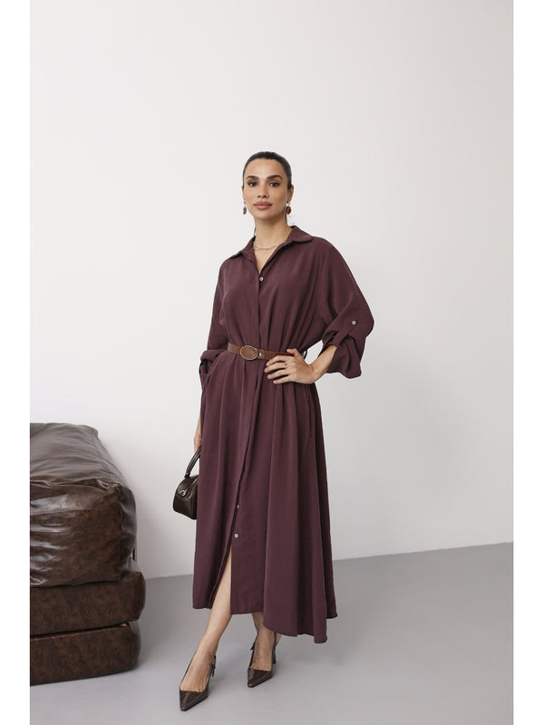 Mürdüm Tensel Kemerli Gömlek Elbise EYY3270-Mürdüm