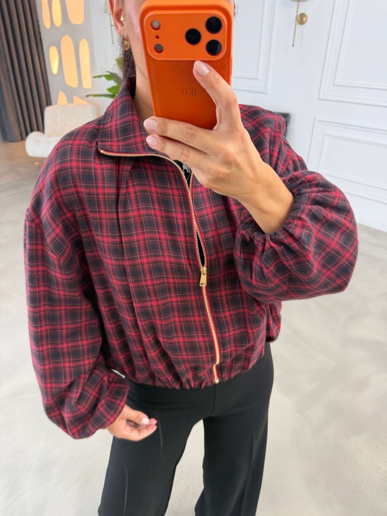 Bordo Ekoseli Bomber Ceket 9784-Bordo